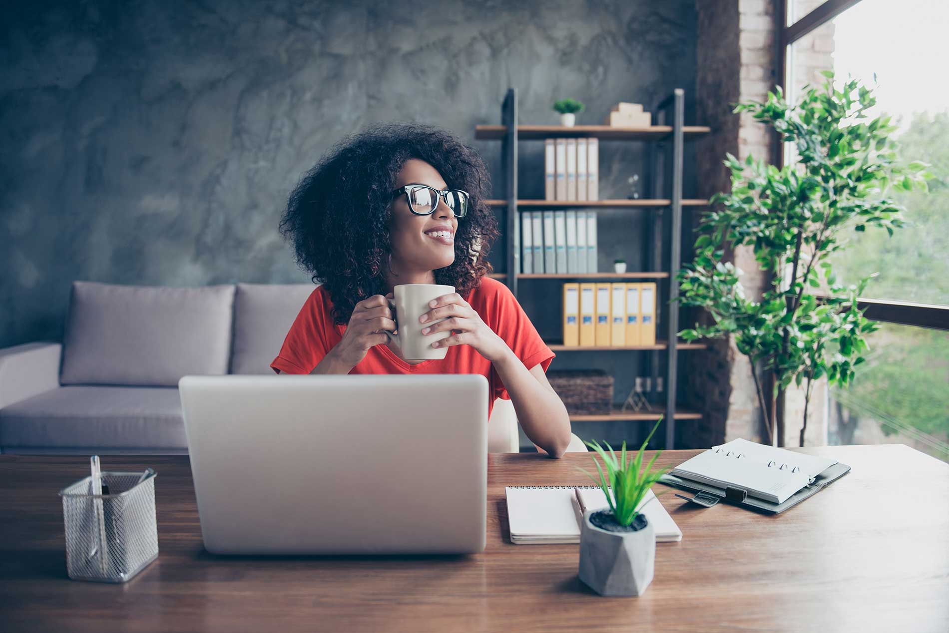 woman looking out the front from her new decorated home office